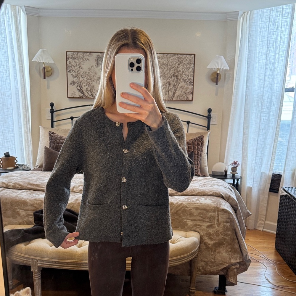 Silk Blossom Gray Cardigan with Silver Buttons - Picture 2 of 5
